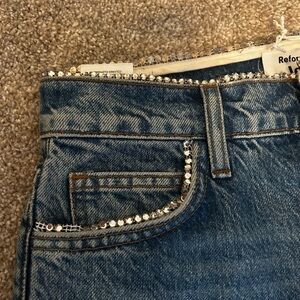 Reformation Blue High Rise Jeans with Embellished Detail